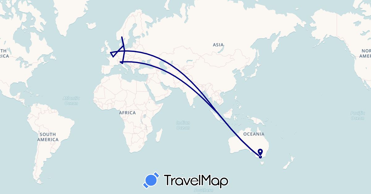 TravelMap itinerary: driving in Australia, Germany, Denmark, France, United Kingdom, Italy, Norway, Singapore (Asia, Europe, Oceania)